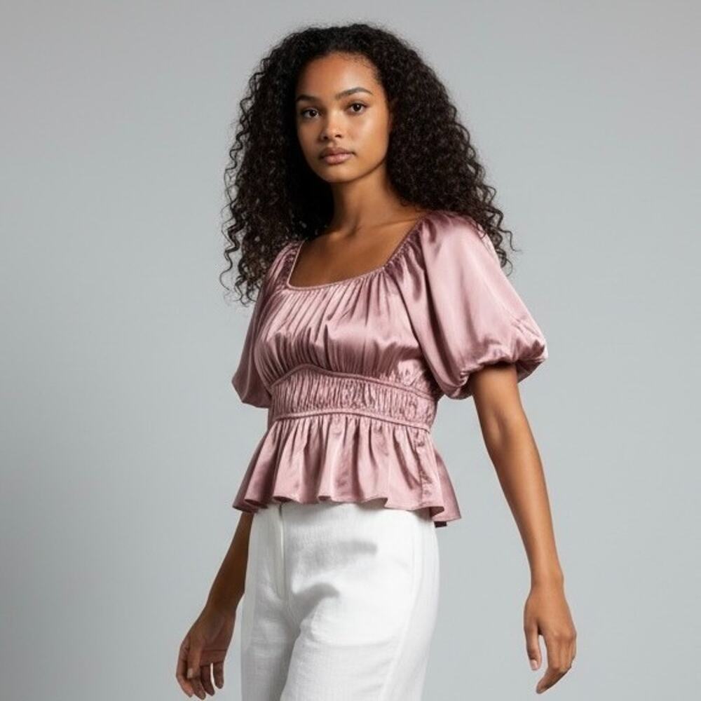 Arula Satin Top 10 / 12 Fairy Coquette Romantic Feminine Milkmaid Puff Sleeve